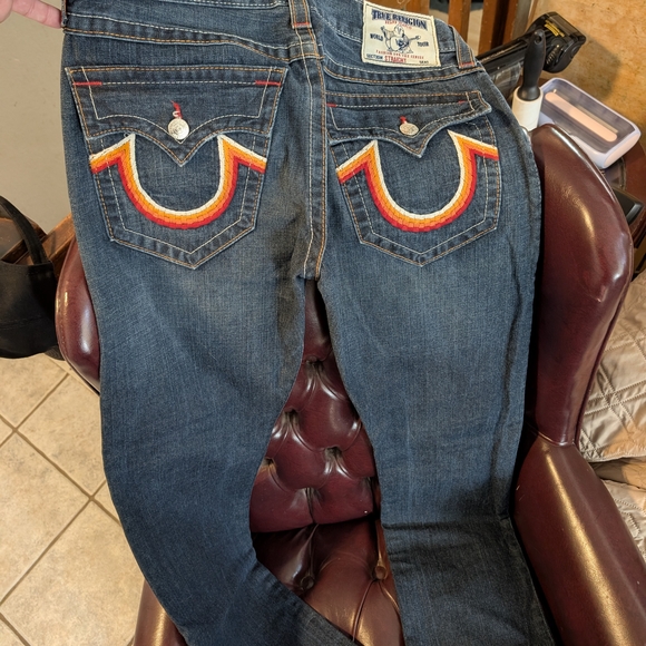 True Religion Men's Designer Blue Jeans with Multicolor Stitching 32R (32
